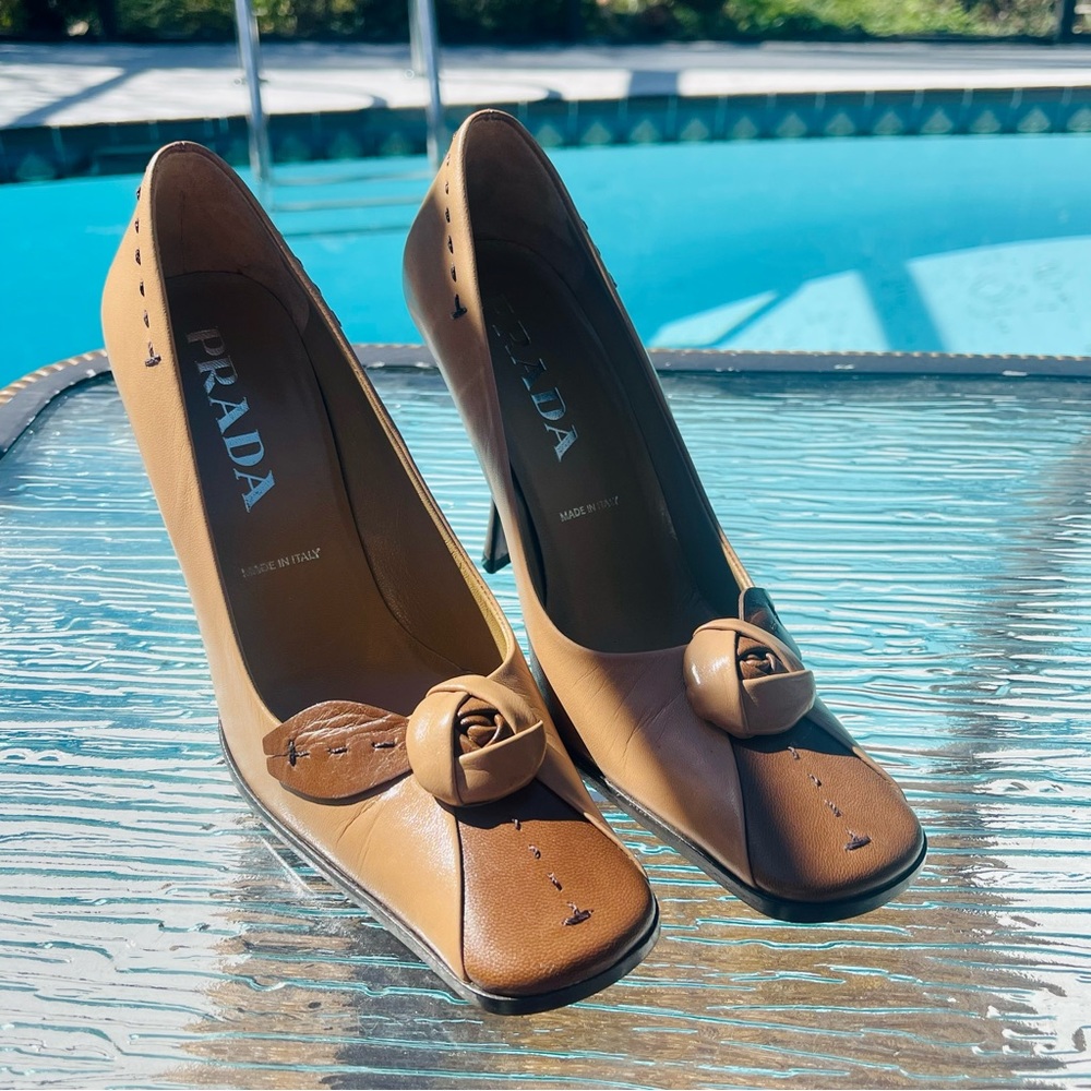 SOLD Prada Beige Brown Colorblock Leather Rosebud Embellished Square Toe Pumps - Picture 1 of 15